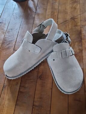 Womens Light Gray Suede Clog Sandals